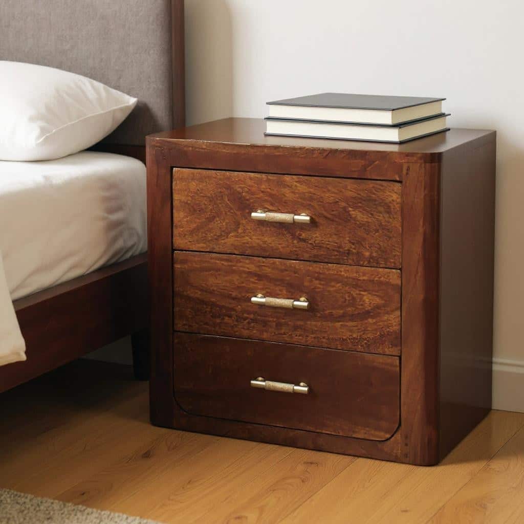 HomeRoots 18" Brown Solid Wood Three Drawer Nightstand