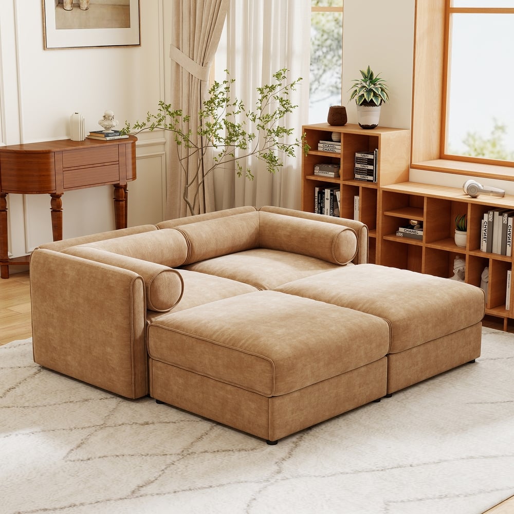 GDFStudio - Marcelline Chenille 2-Seater Sofa With 2 Ottoman