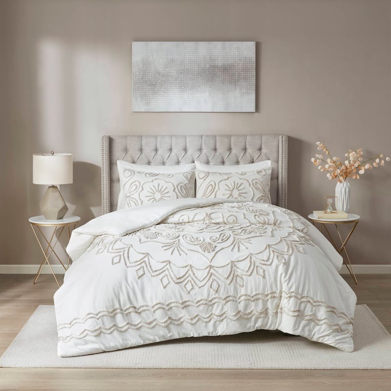 Madison Park Juliana Ivory/ Taupe Tufted Cotton Chenille Duvet Cover Set - Queen