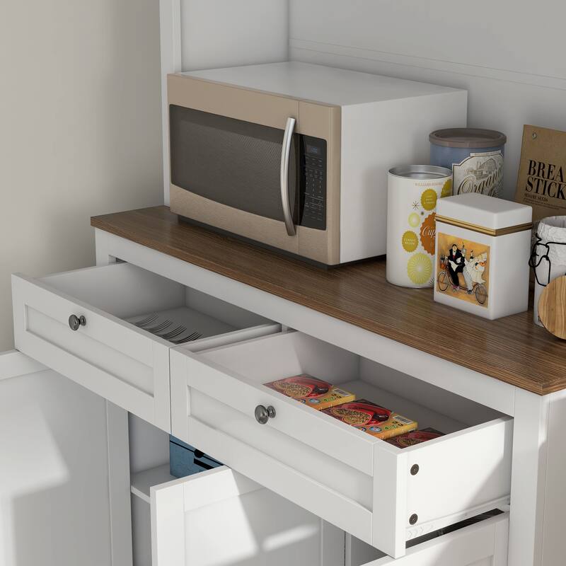 White 2 Drawers Kitchen Pantry Cabinet with Glass Doors 8 Compartments and Adjustable Shelves - 39.4" W x 15.7" D x 70.9" H