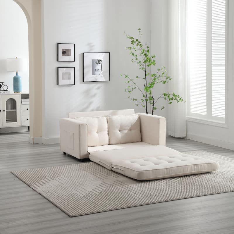 Velvet 55" Convertible 3-Fold Loveseat Sofa Bed: Pull-Out Feature, Side Storage Pocket