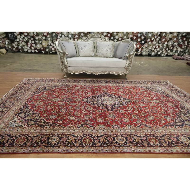 Hand Knotted Oriental 100% Wool Carpet Traditional Floral Red Kashan Area Rug - 12' 7'' X 9' 1''