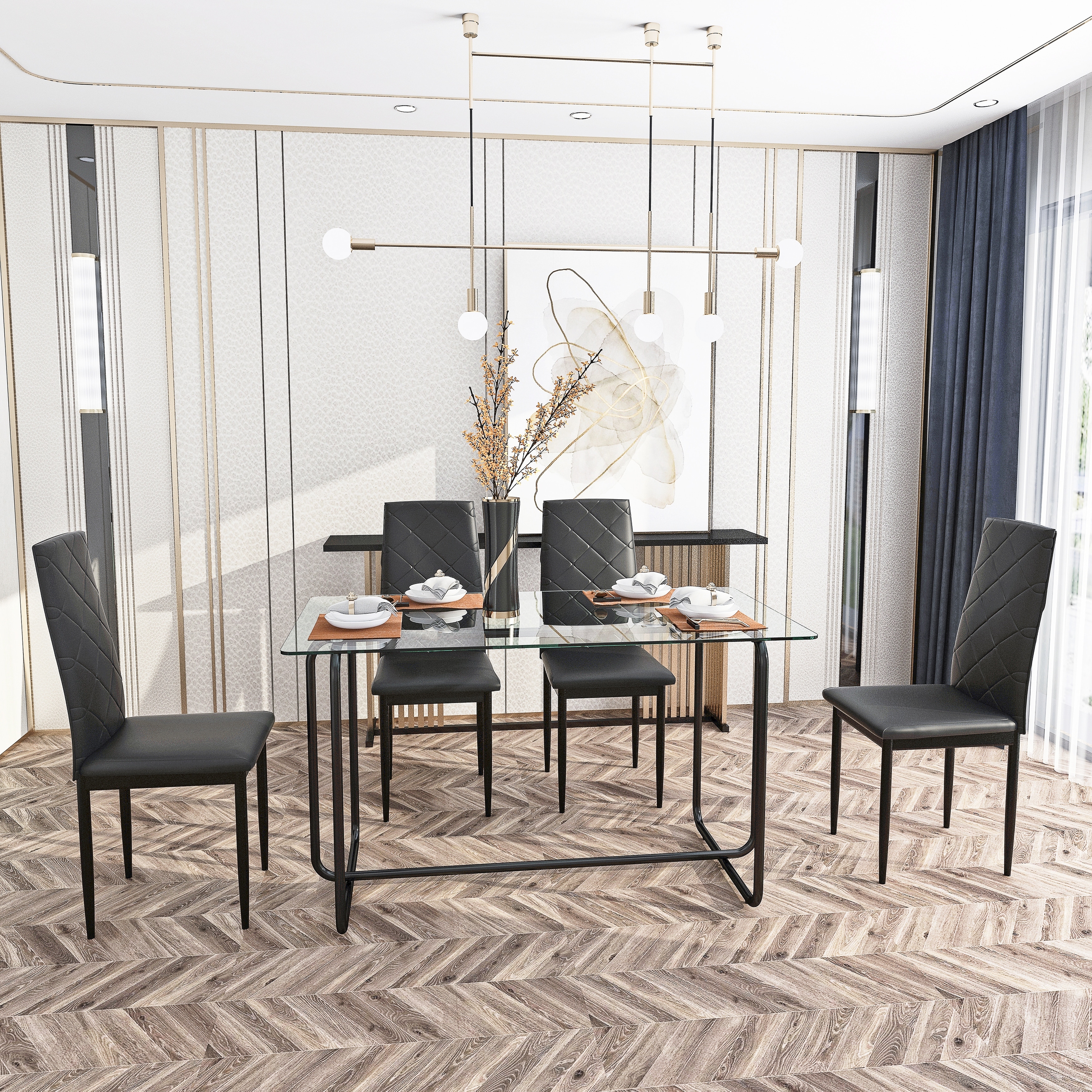 Modern 5 Piece Dining Set with Rectangle Glass Top Dining Table and Upholstered Dining Chairs for Dining Room