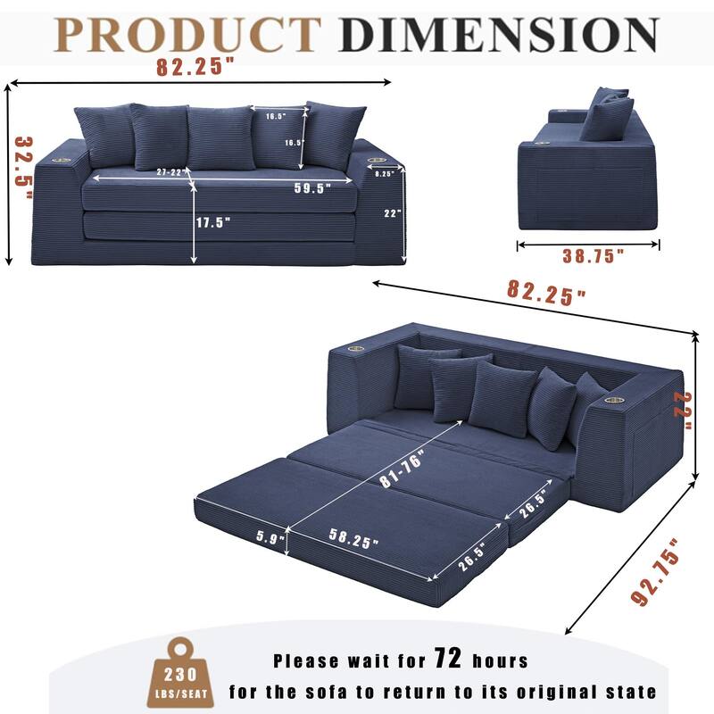 Modern Convertible Loveseat Sofa Bed, Corduroy Fabric Foldable Floor Couch w/5 Pillows, Side Pockets & Cup Holders, No Assembly