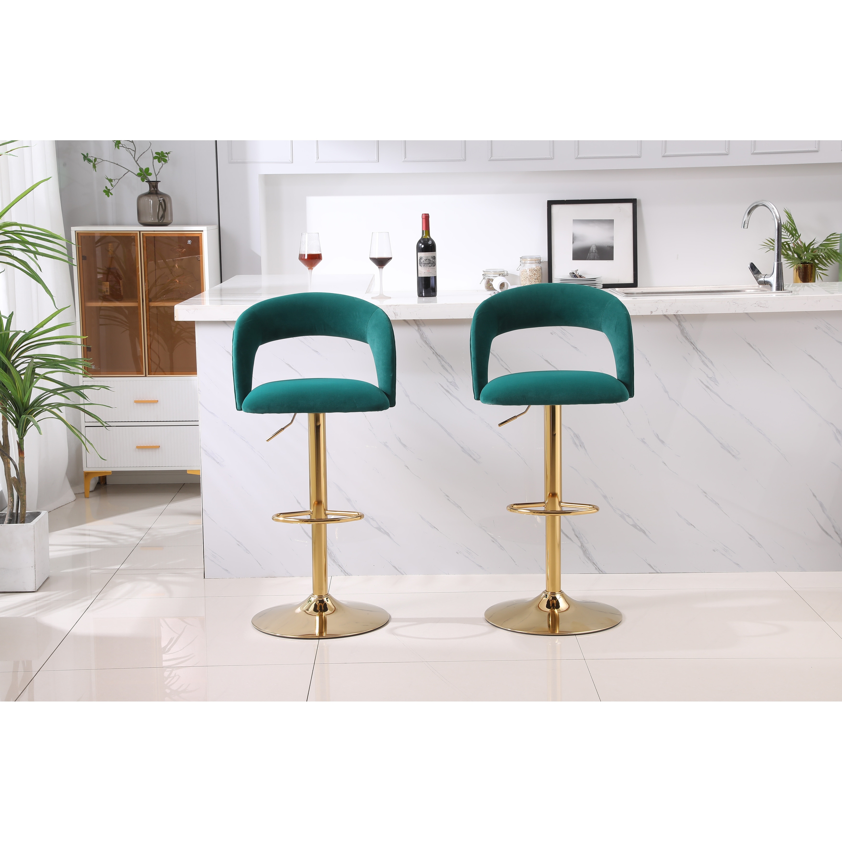 Open Back Barstools w Footrest Dark Green Swivel Velvet Bar