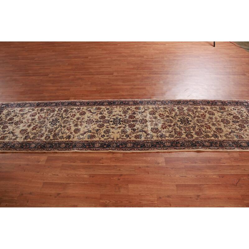 Hand Knotted Oriental 100% Wool Carpet Traditional Floral Beige & Ivories Kashan Runner Rug - 10' 0'' X 2' 7''