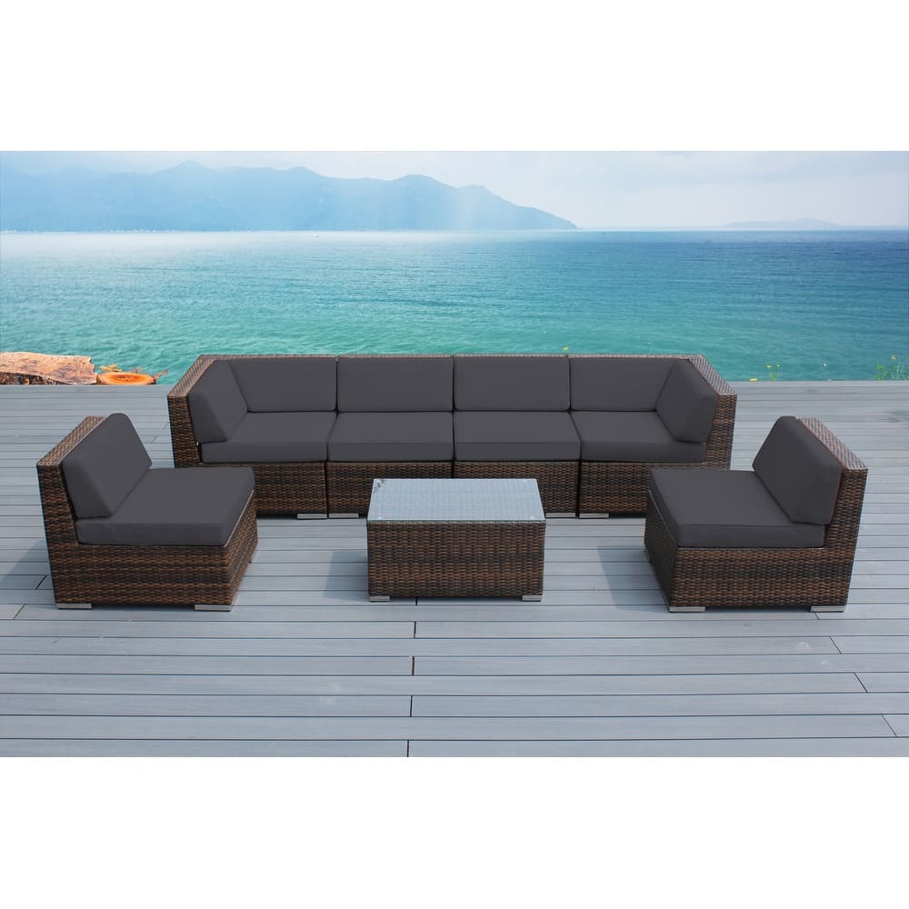 Ohana Outdoor Patio 7 Piece Mixed Brown Wicker Sectional with Cushions - No Assembly