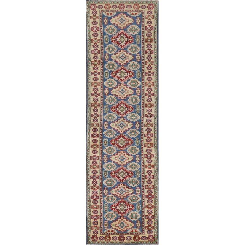 Kazak Runner Rug Hand-Knotted Traditional Blue Wool Carpet - 2'7" x 13'1"