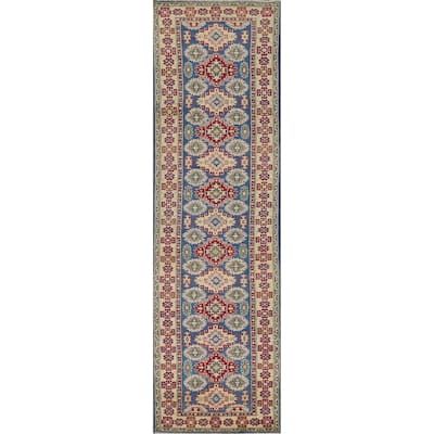 Kazak Runner Rug Hand-Knotted Traditional Blue Wool Carpet - 2'7" x 13'1"