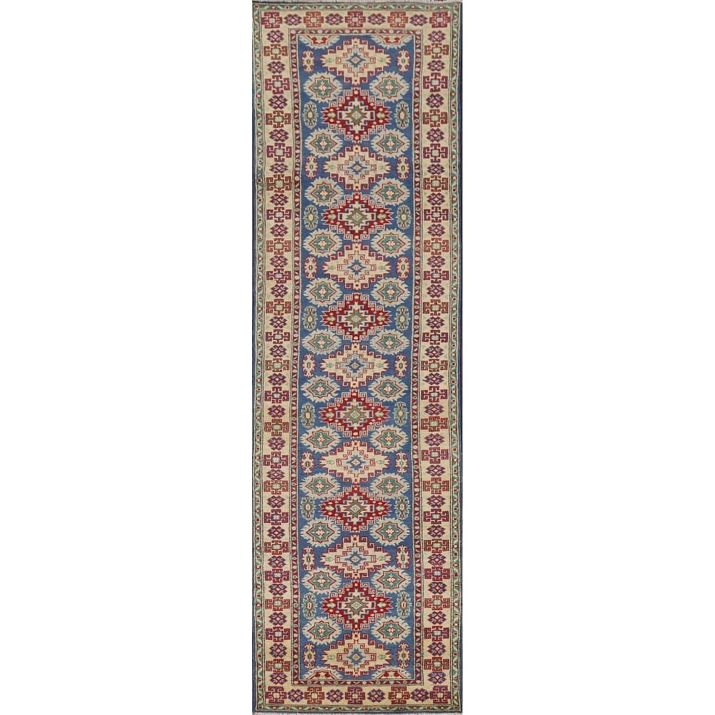 Kazak Runner Rug Hand-Knotted Traditional Blue Wool Carpet - 2'7" x 13'1"