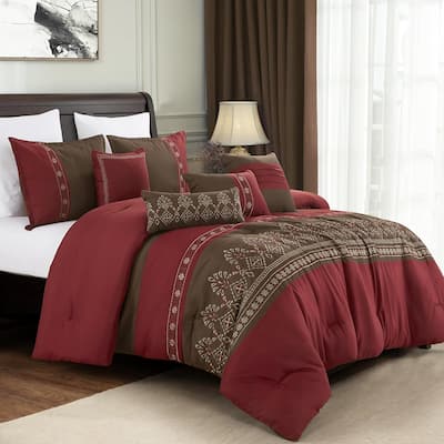 7 Piece Burgundy Brown Embroidery Soft Bedding Comforter Set