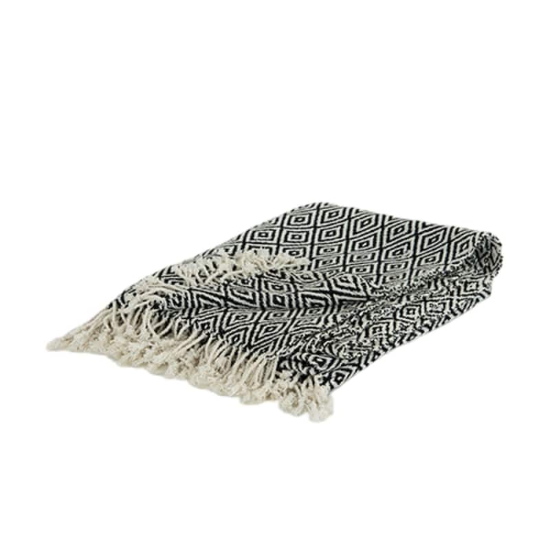 HomeRoots Black And White Cotton Chevron Throw Blanket with Tassels