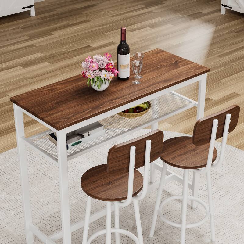 3 Piece Bar Table Set, Bar Table and Chairs Set of 2 with Metal Frame and Storage Rack