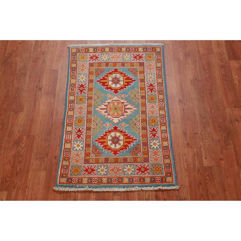 Geometric Kazak Accent Rug Hand-Knotted Oriental Blue Wool Carpet - 2'0"x 3'0"