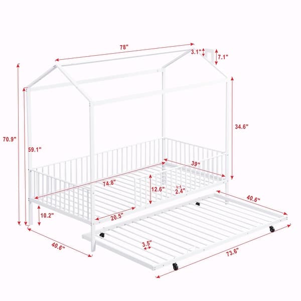 dimension image slide 2 of 4, Metal House Bed with Fence, With Trundle