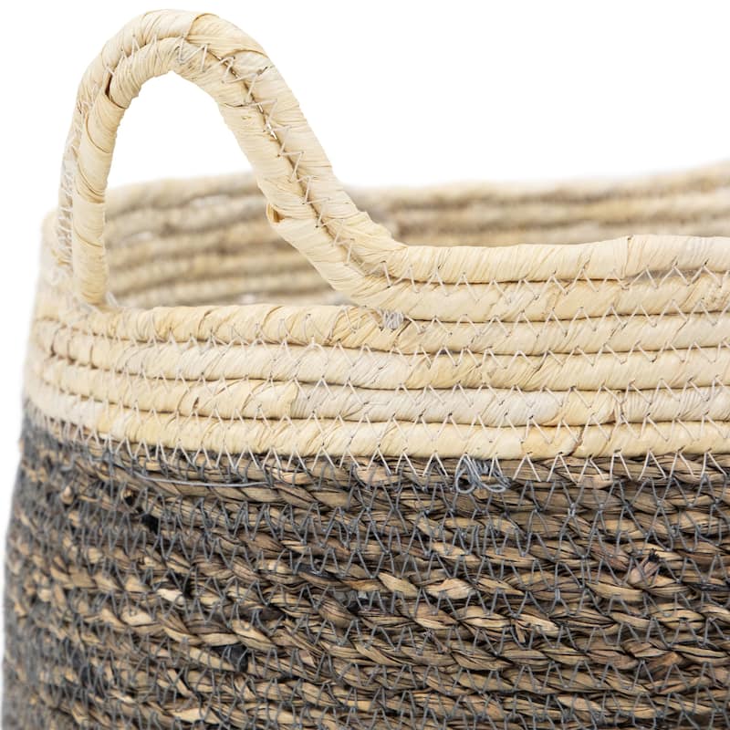 Set of 3 Beige and Brown Woven Seagrass Storage Baskets with Built-in Handles 13.25"