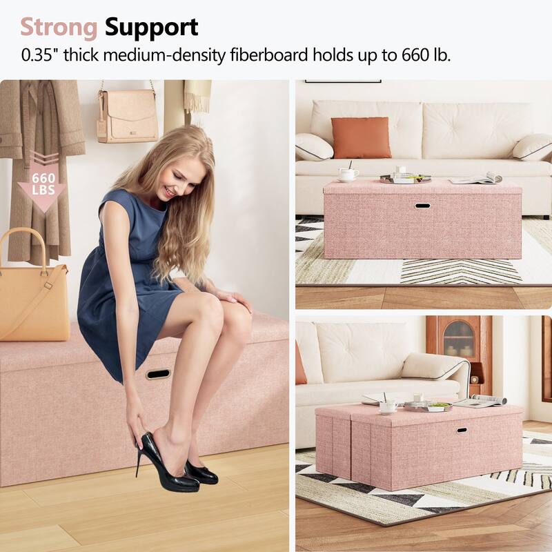 15" Tall Foldable Storage Ottoman Lift-Top Lid & Carry Handle Multi Functional Footrest Shoe Bench Coffee Table for Living Room