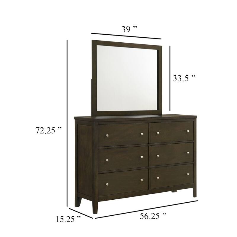 Wlly Wide Dresser with Matching Mirror, 6 Drawers, Dark Brown Wood