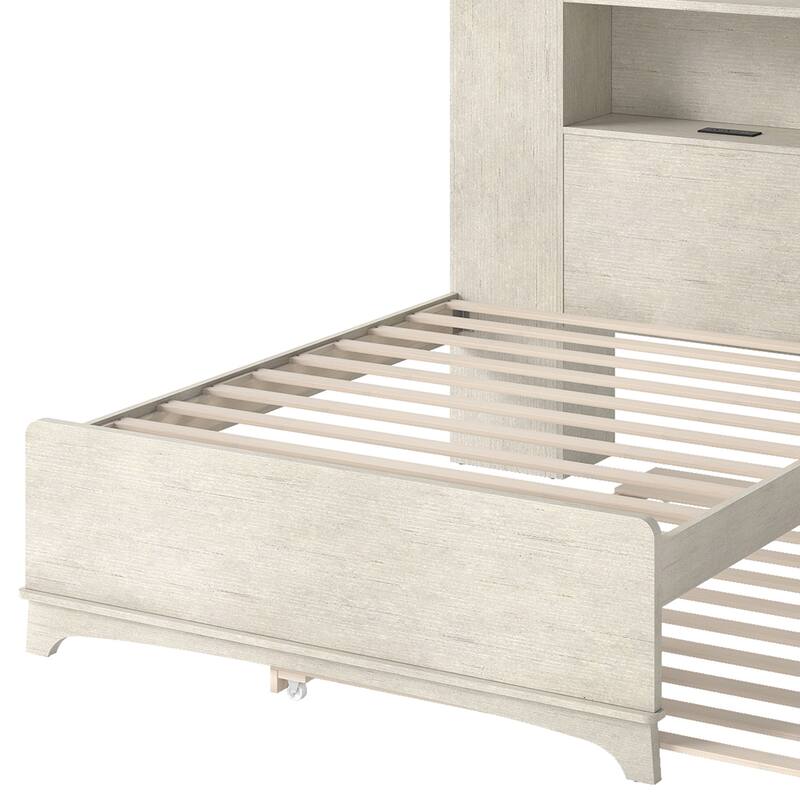 Moasis Bed Frame with Bookcase Storage Headboard and Charging Station,RGB LED Lights Bed with Wooden Support for Bedroom