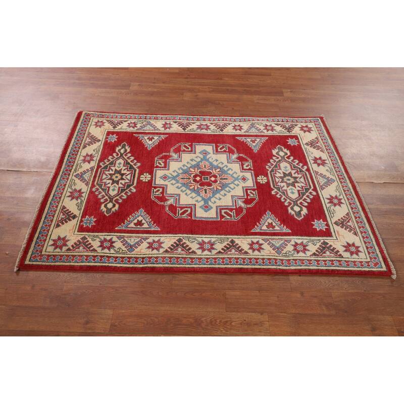 Geometric Red Kazak Accent Rug Hand-Knotted Wool Carpet - 3'4" x 4'9"