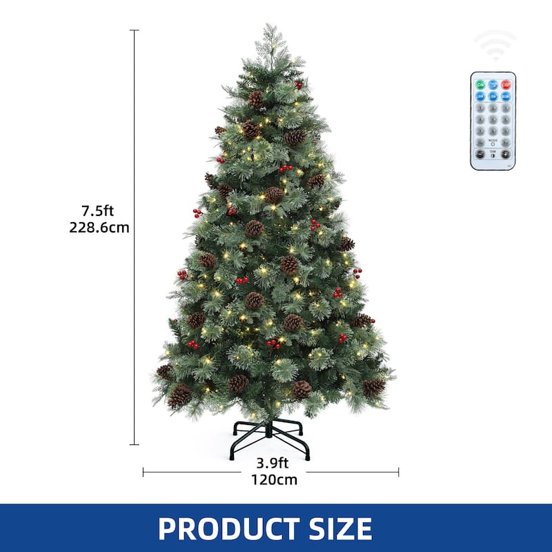 7.5ft Prelit Artificial Carolina Pine Christmas Tree with Remote, Green Artificial Hinged Christmas Tree w/ 1200 Mixed Tips