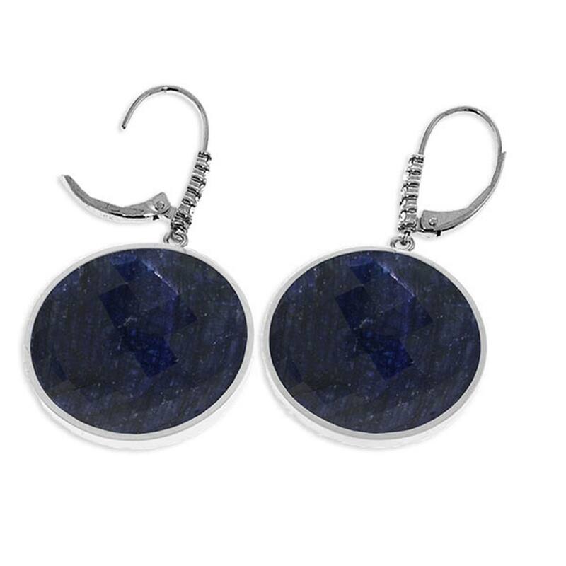 14K Solid Gold Diamonds Leverback Earrings w/ Round Dyed Sapphires