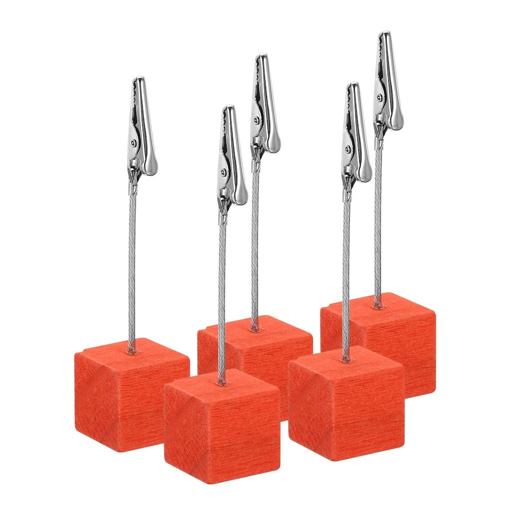 Place Card Holder, 5 Pack Memo Clip Holder Stand Wooden Base, Red
