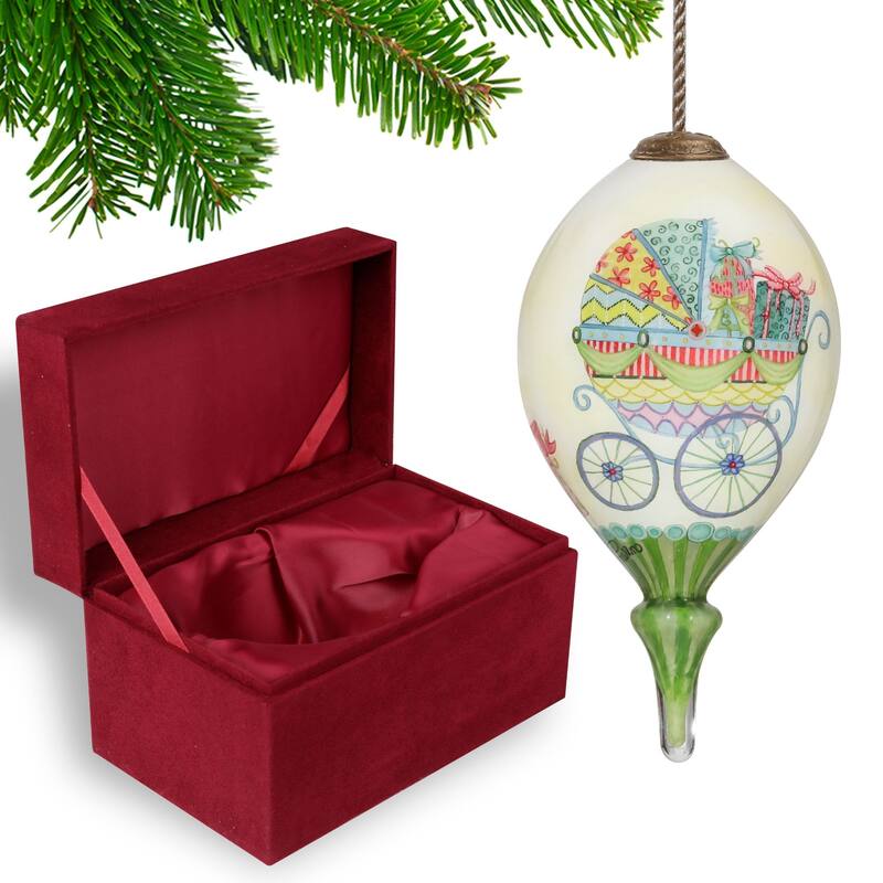 4.75" Ivory Green Baby Carriage Mouth Blown Glass Christmas Ornament