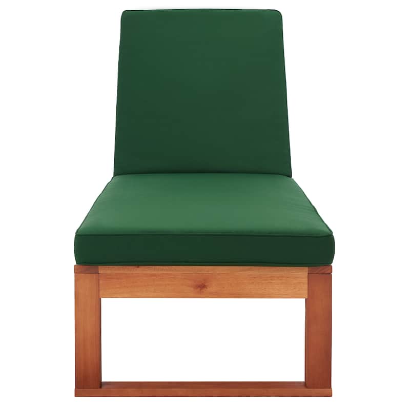 SAFAVIEH Outdoor Kaliyah Solid Wood Chaise Lounge Chair - 25Wx81Dx37H - Natural Wood/Green Cushion