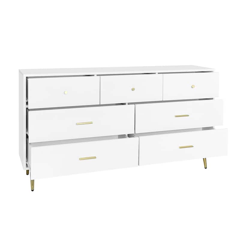 Modern Drawer Dressing with 7 Drawers Gold Handles and Legs, for Bedroom Living Room Entryway, White