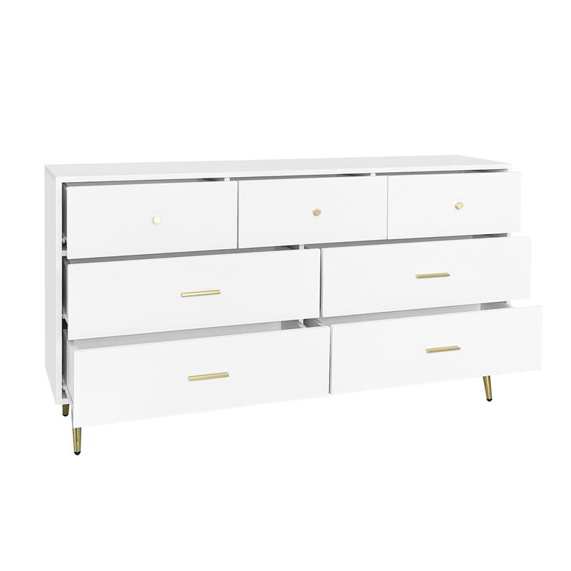 White Dresser with 7 Drawers for Bedroom, Modern Closet Storage Chest of Drawers with Golden Handle and Legs