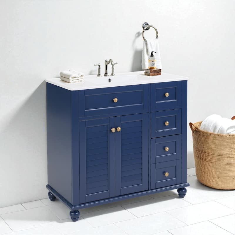 36" Bathroom Vanity with Ceramic Sink Solid Wood Frame Soft Close Drawers and Adjustable Storage Shelves