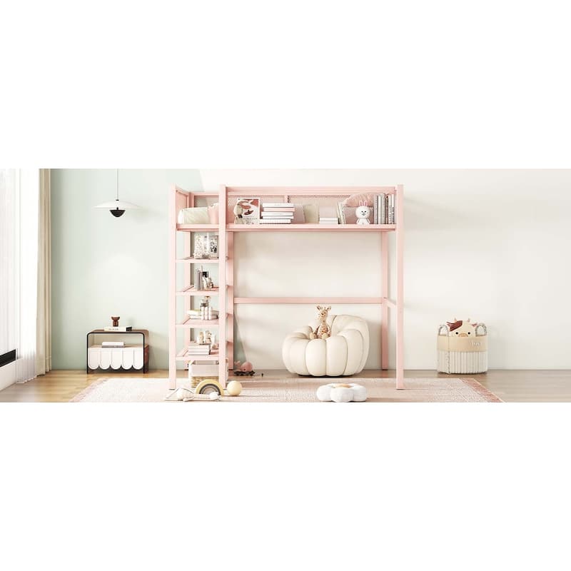 Metal Loft Bed with 4-Tier Shelves and Storage