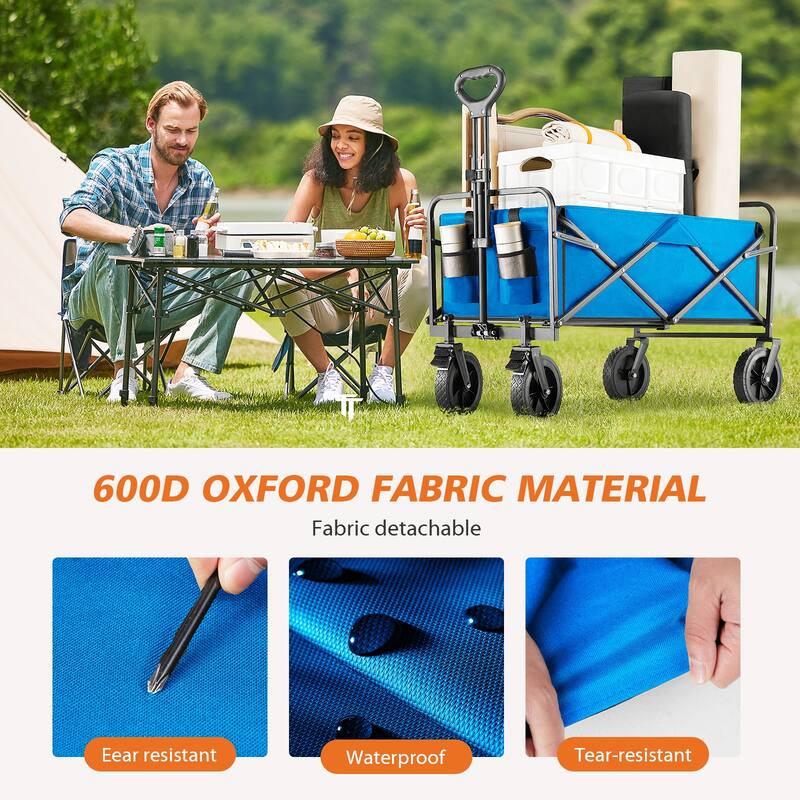 Foldable Picnic Wagon Cart with Drink Holders, Large Capacity Utility Cart for Outdoors, Shopping, and Travel