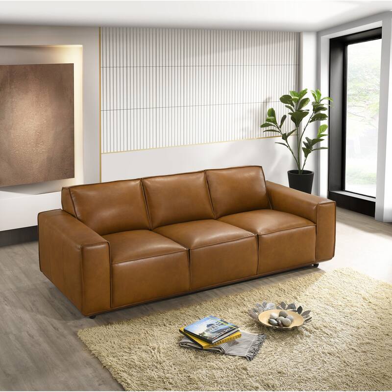 Happydays Mid Century Modern Top Genuine Leather Sofa in Tan