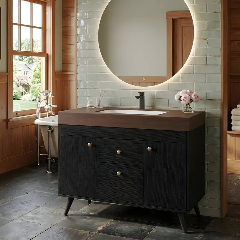 36" Modern Freestanding Bathroom Vanity with Sintered Stone Top, Ceramic Sink & Smart Storage
