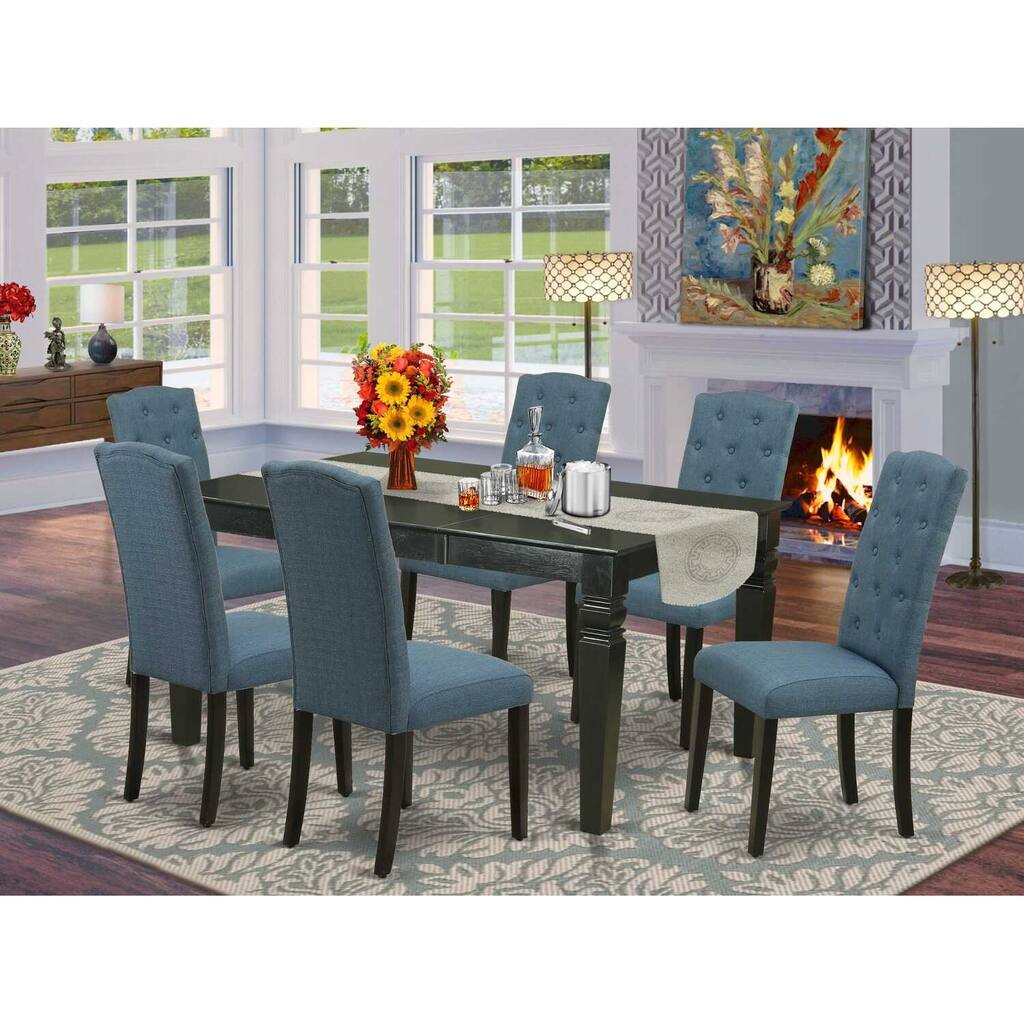 HomeStock 7-Piece Rectangle Black Finish Solid Wood Top Dining Table with 6 Parson-Chairs with Butterfly Leaf Lattice Back