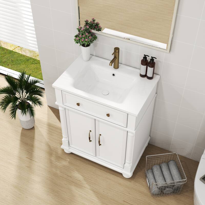 27.8-Inch Mid-Century Bathroom Vanity Sink with Roman Column Base, Farmhouse Freestanding Storage Cabinet