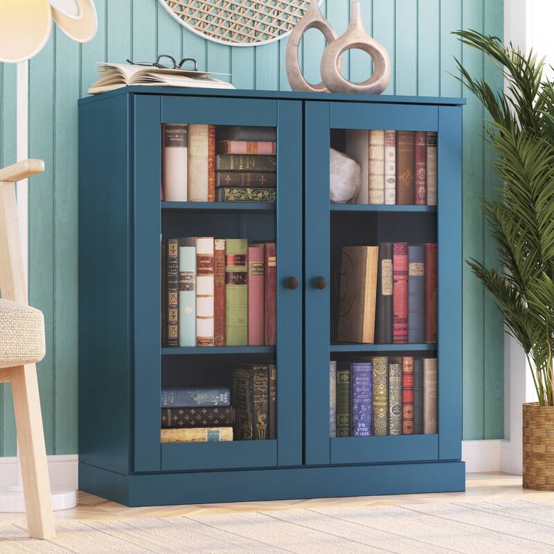 Palace Imports 100% Solid Wood 3-Shelf Bookcase, Clear Glass Doors, Adjustable Shelves, 32" Wide, 35.75" Tall - Teal Blue