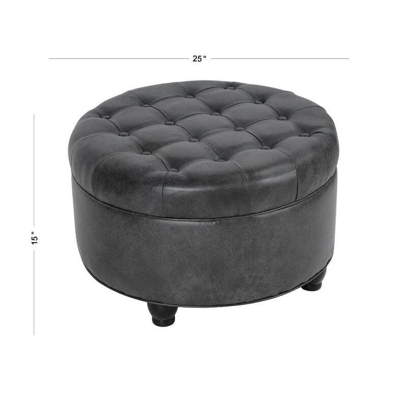 Gery 25 Inch Round Storage Ottoman with Tray Top, Dark Gray Faux Leather