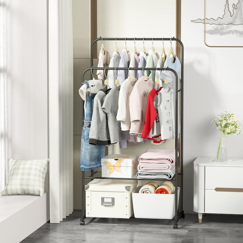 Metal Double Rail Clothes Stand on Wheels