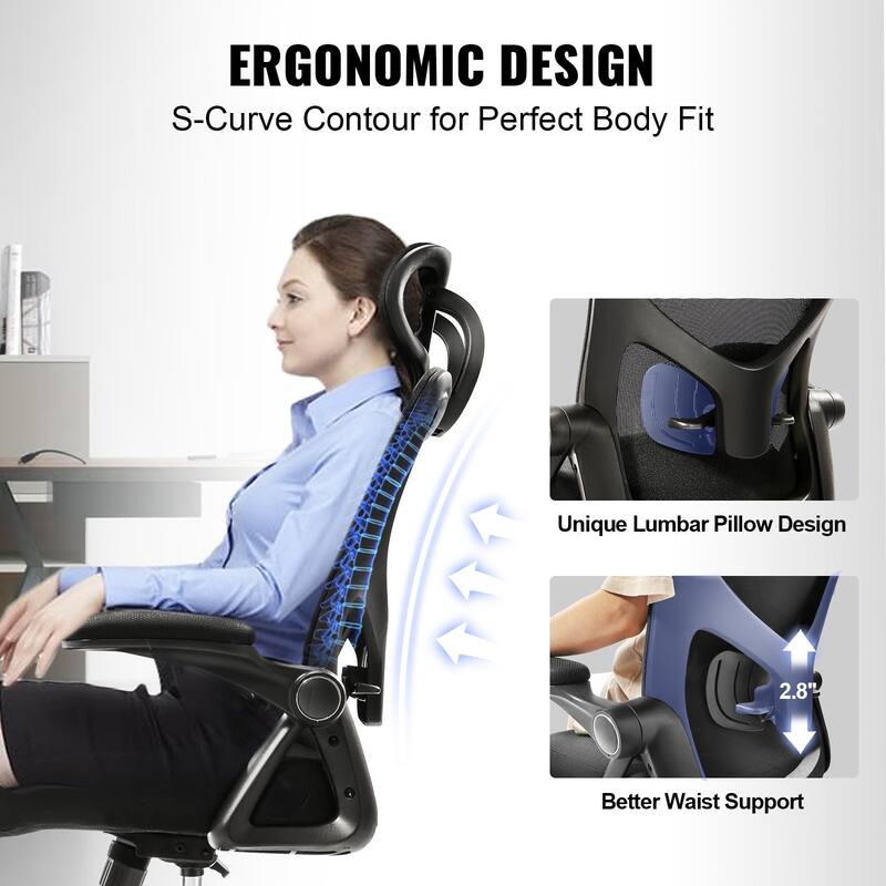 Office Chair with Adjustable Lumbar Support, High Back Ergonomic Desk Chair with Adjustable Headrest and 2D Armrest
