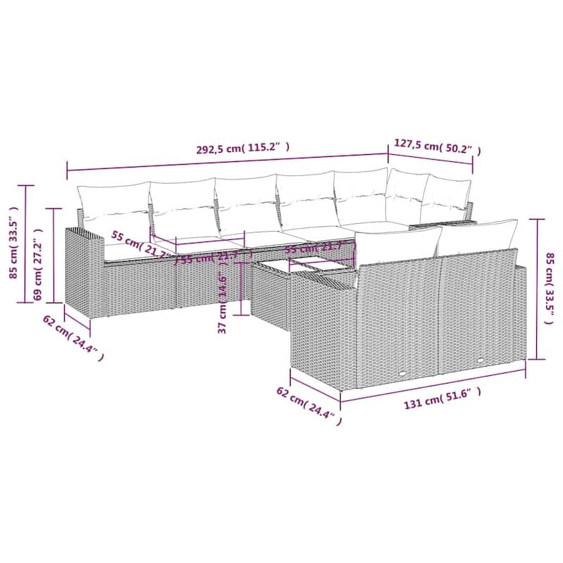 vidaXL Garden Sofa Set Grey PE rattan, powder-coated steel, tempered glass - 21.7 x 21.7 x 14.6