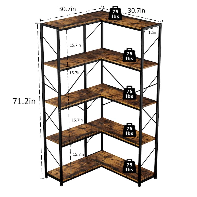 Futzca L-Shaped Corner Bookcase, 5-Tier Wood Bookshelf