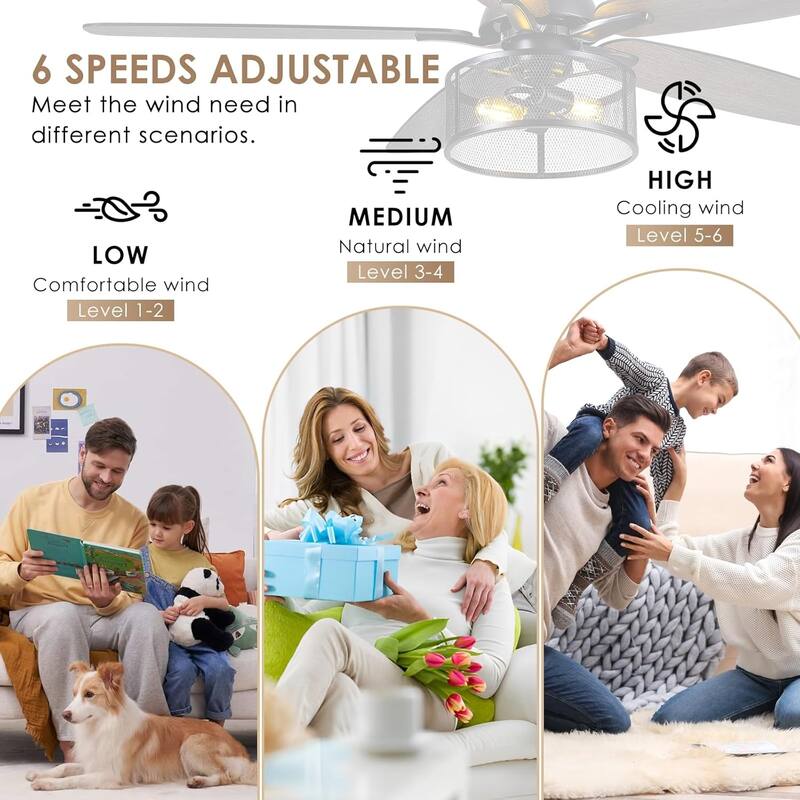 56 Inch Ceiling Fan with Caged Light and Plywood Blades for Farmhouse Living Room Bedroom