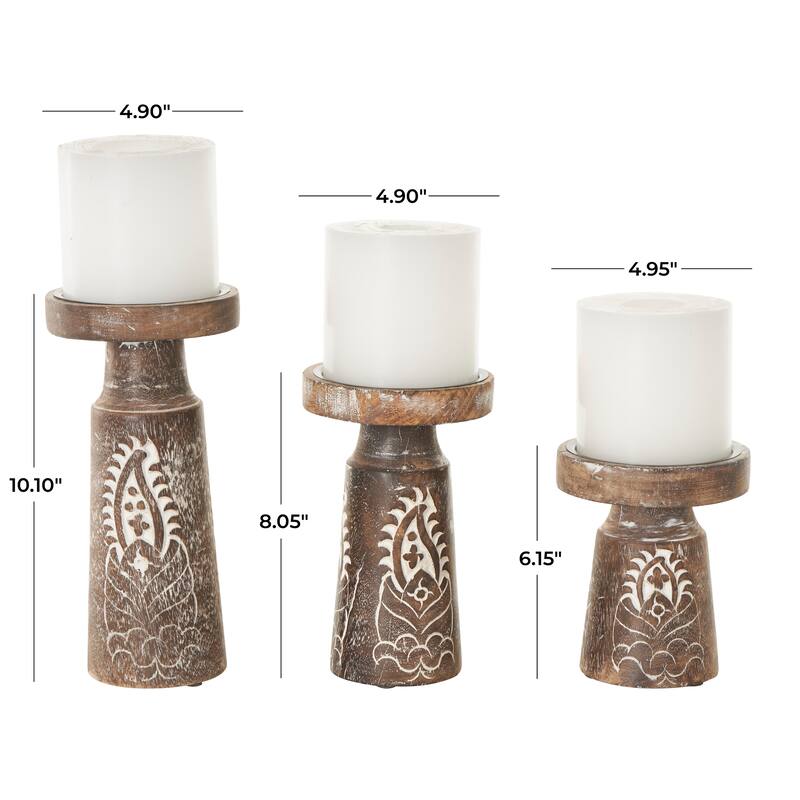 Brown or Dark Brown Mango Wood Tribal Pillar Candle Holder (Set of 3)