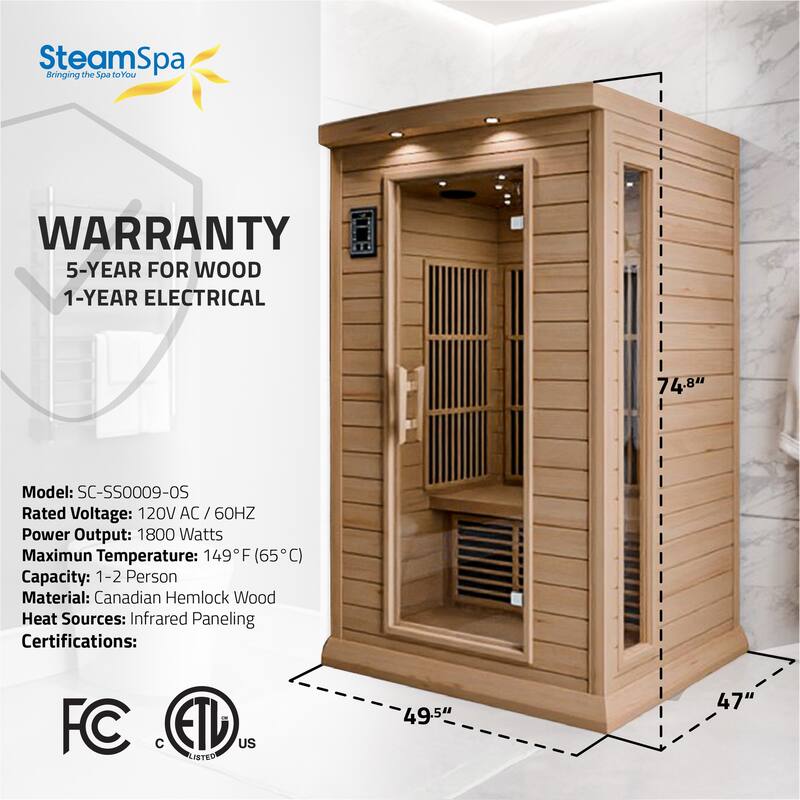 SaunaSpa 2-Person 1.8KW Carbon FAR Infrared Infrared Hemlock Wooden Indoor Home Sauna Room with LED Touch Control Panel