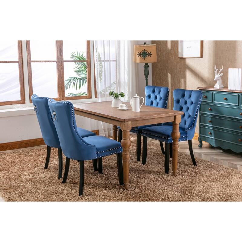 Velvet Dining Chairs Set of 2, Upholstered Dining Chairs with Button Tufted Back, Nailhead Trim & Ring Pull Wingback