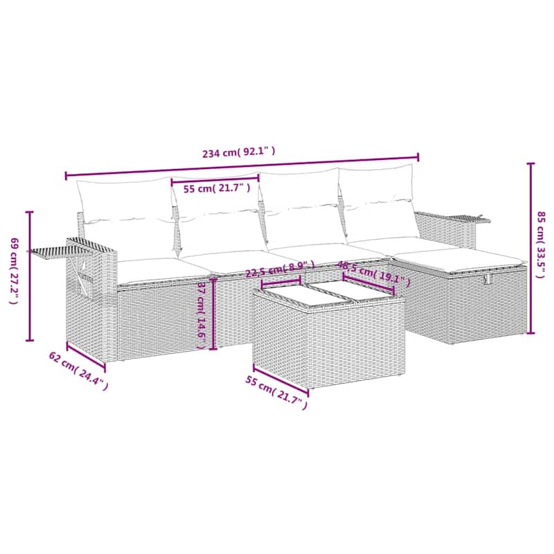 vidaXL Patio Sofa Set with Cushions Outdoor Conversation Furniture Poly Rattan - 21.7" x 24.4" x 27.2"