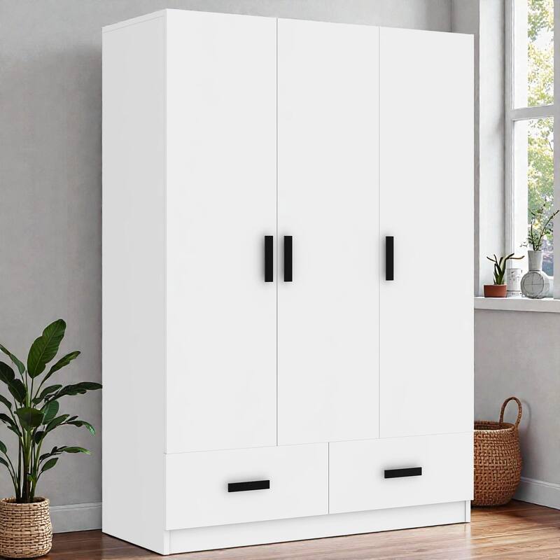 3 Door Wardrobe Closet with Drawers, Shelves and Hanging Rod, White Wooden Bedroom Armoire Storage Cabinet